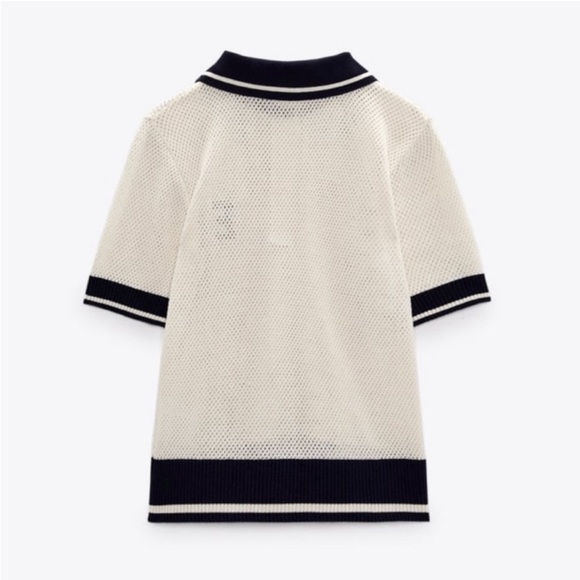 NWT Zara Women’s Combo Crochet Letter Polo Shirt in Cream & Navy Sz M - Picture 2 of 14